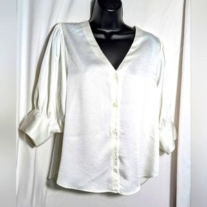 Women's‎ Fifteen Twenty Cream Satin Blouse, V-Neck, Puff Sleeve| Size M